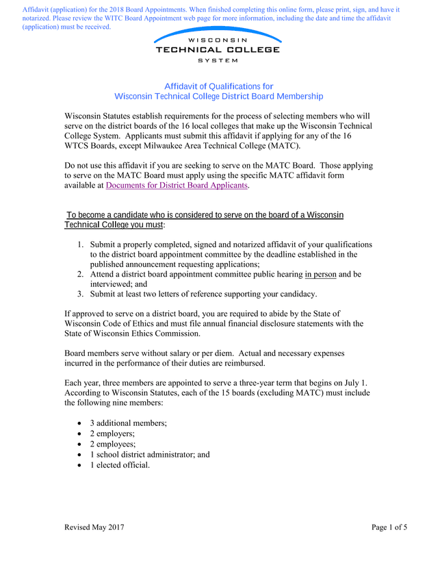 Affidavit Of Qualifications For Wisconsin Technical College District Board Membership screenshot