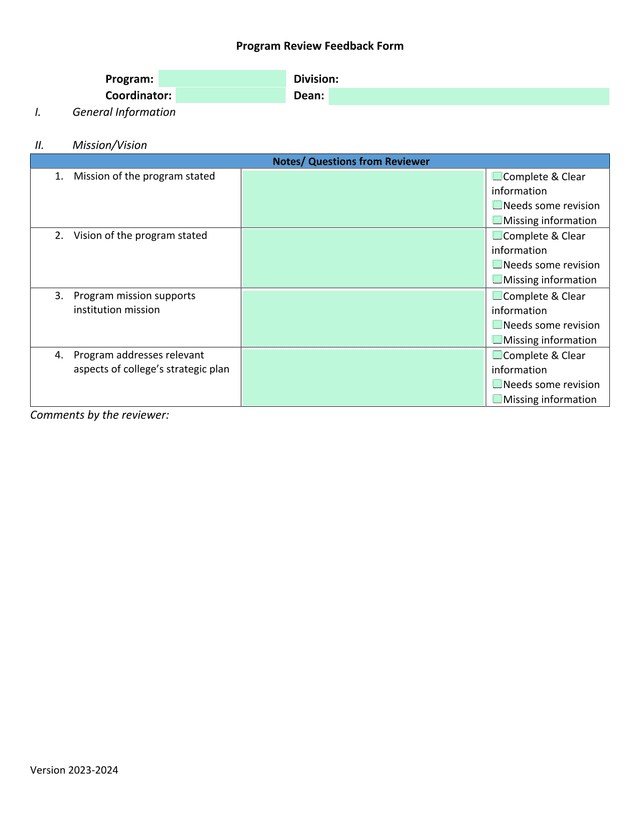Program Review Feedback Form screenshot