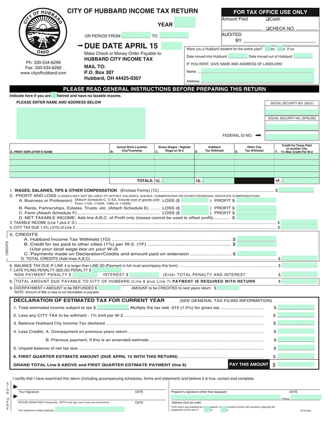 City Of Hubbard Income Tax Return screenshot