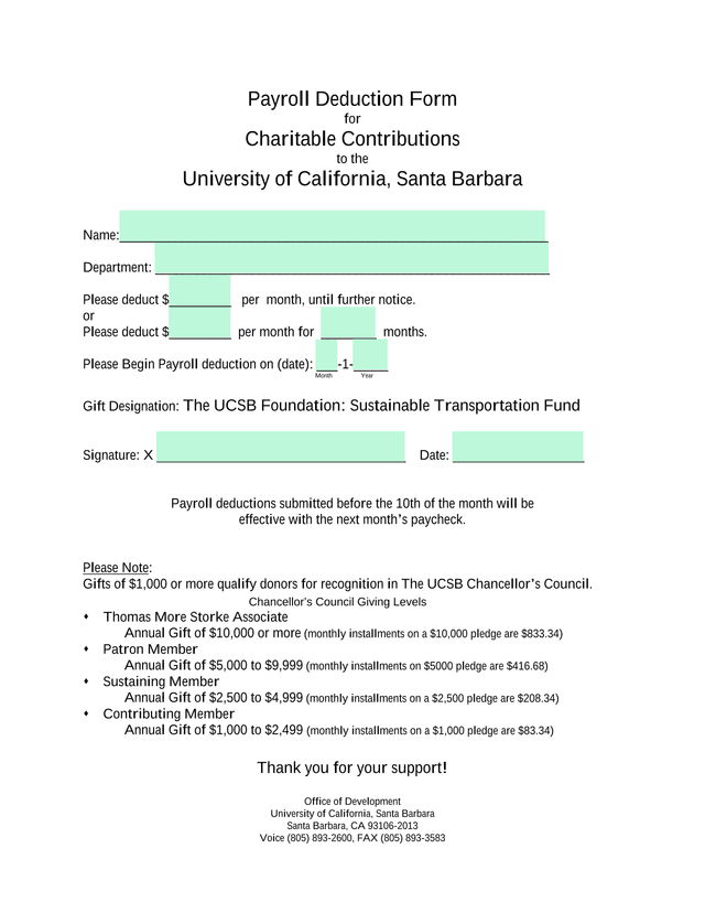 Payroll Deduction Form For Charitable Contributions To The University Of California, Santa Barbara screenshot