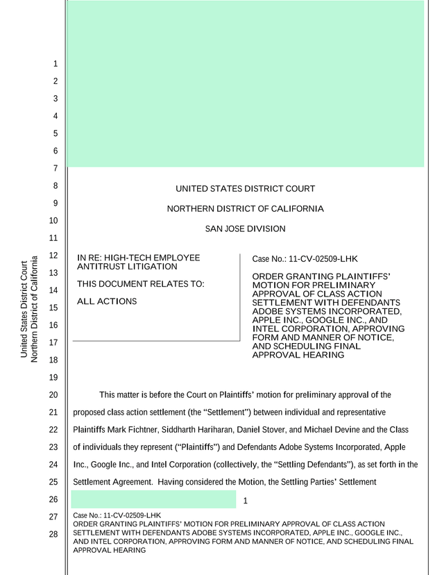 ORDER GRANTING PLAINTIFFS MOTION FOR PRELIMINARY APPROVAL OF CLASS ACTION SETTLEMENT screenshot