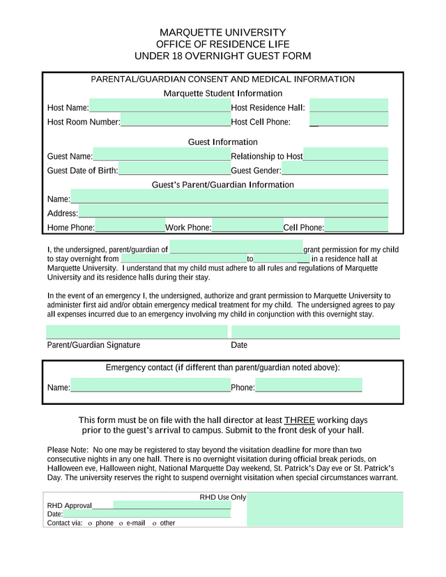 Marquette University Under 18 Overnight Guest Form screenshot