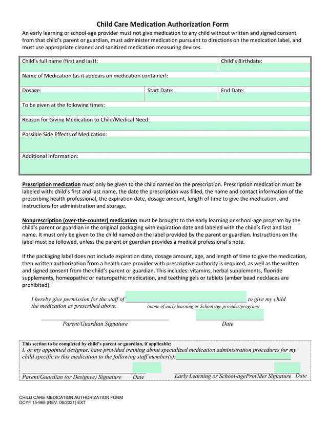 Child Care Medication Authorization Form screenshot