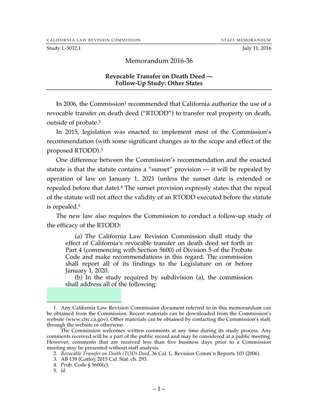 Staff Memorandum 2016 36 Revocable Transfer On Death Deed  Follow Up Study Other States screenshot