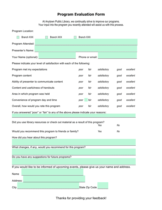 Program Evaluation Form screenshot