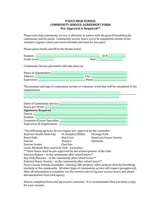 PASCO HIGH SCHOOL COMMUNITY SERVICE AGREEMENT FORM screenshot