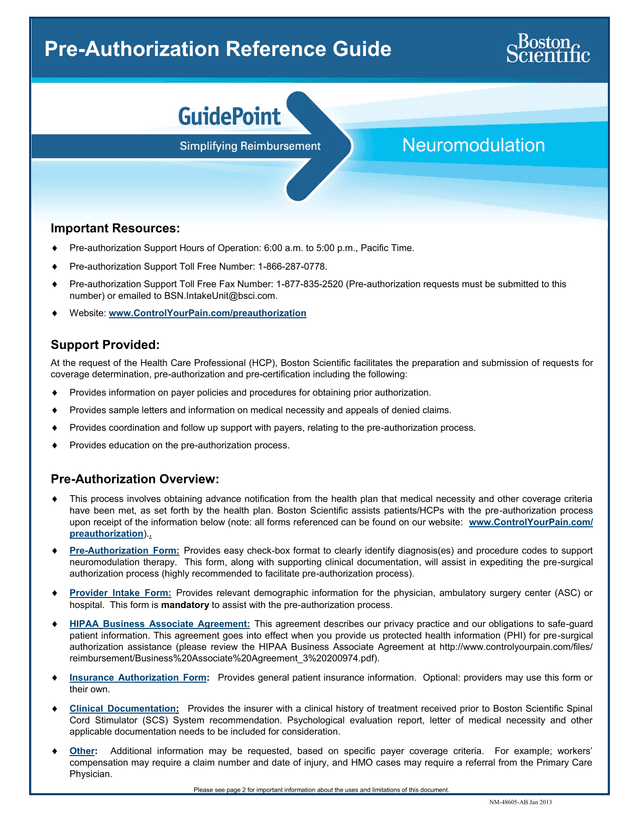 Neuromodulation Pre Authorization Support Resources screenshot