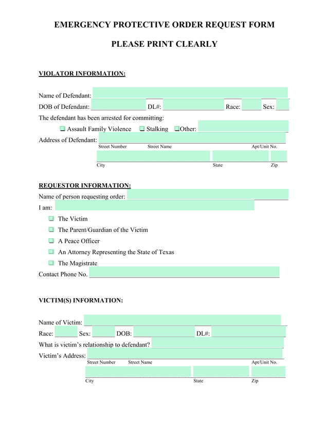Emergency Protective Order Request Form screenshot