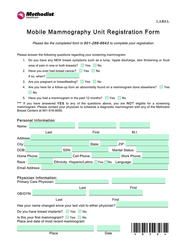 Mobile Mammography Unit Registration Form screenshot