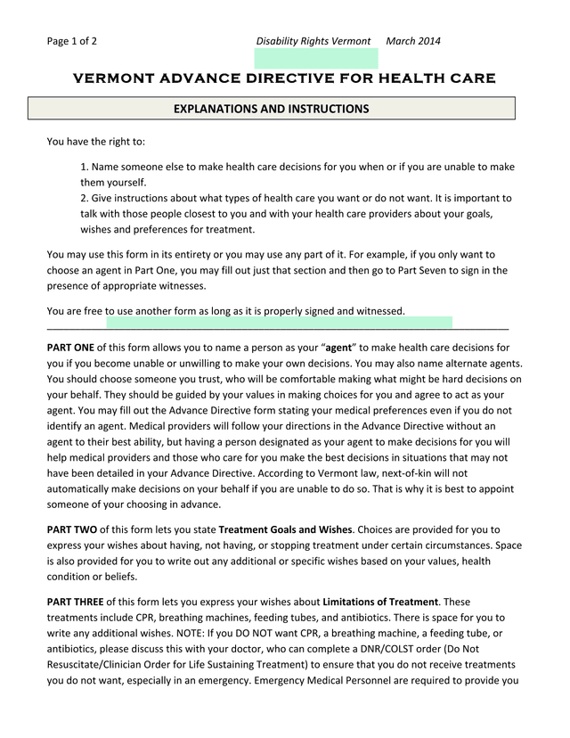 Vermont Advance Directive For Health Care screenshot