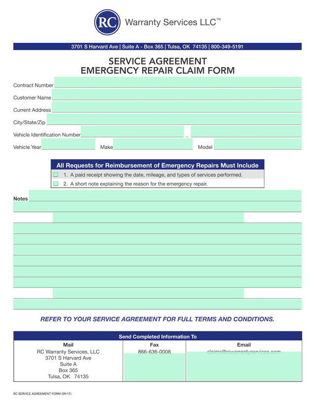 RC SERVICE AGREEMENT FORM screenshot