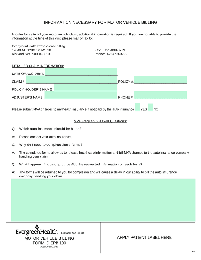 Motor Vehicle Billing Form screenshot