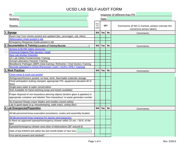 UCSD Lab Self Audit Form screenshot