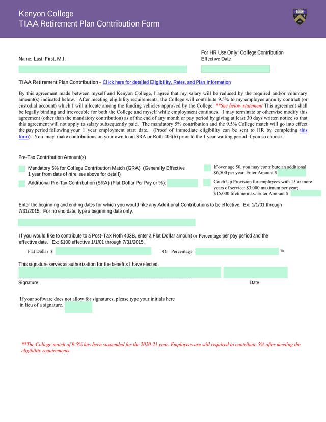 TIAA Retirement Plan Contribution Form screenshot