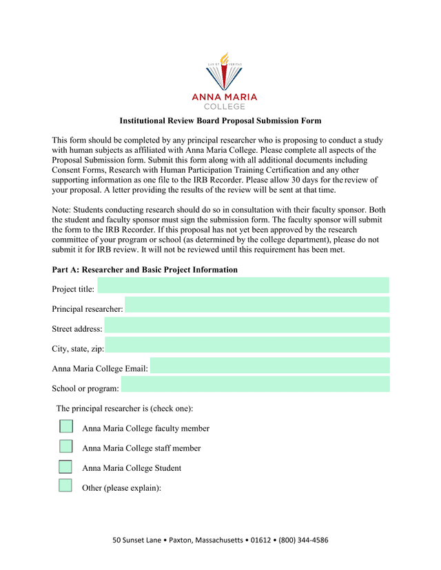 Institutional Review Board Proposal Submission Form screenshot
