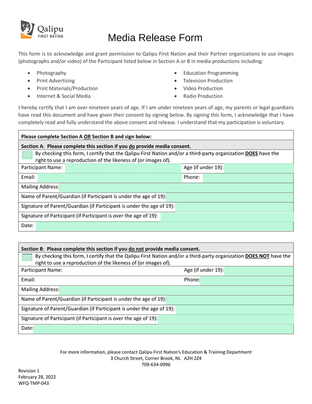 Media Release Form screenshot