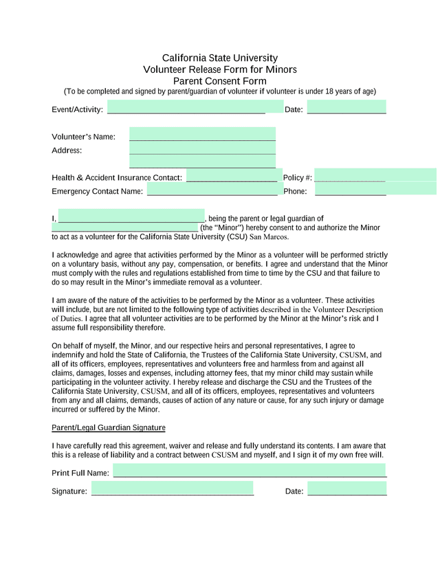 California State University Volunteer Release Form For Minors screenshot