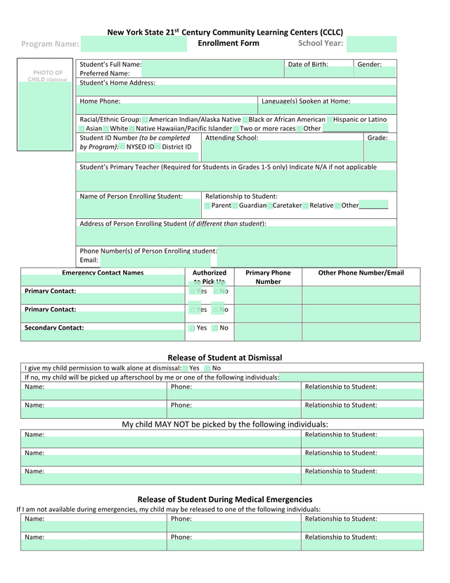 New York State 21st Century Community Learning Centers (CCLC) Enrollment Form screenshot
