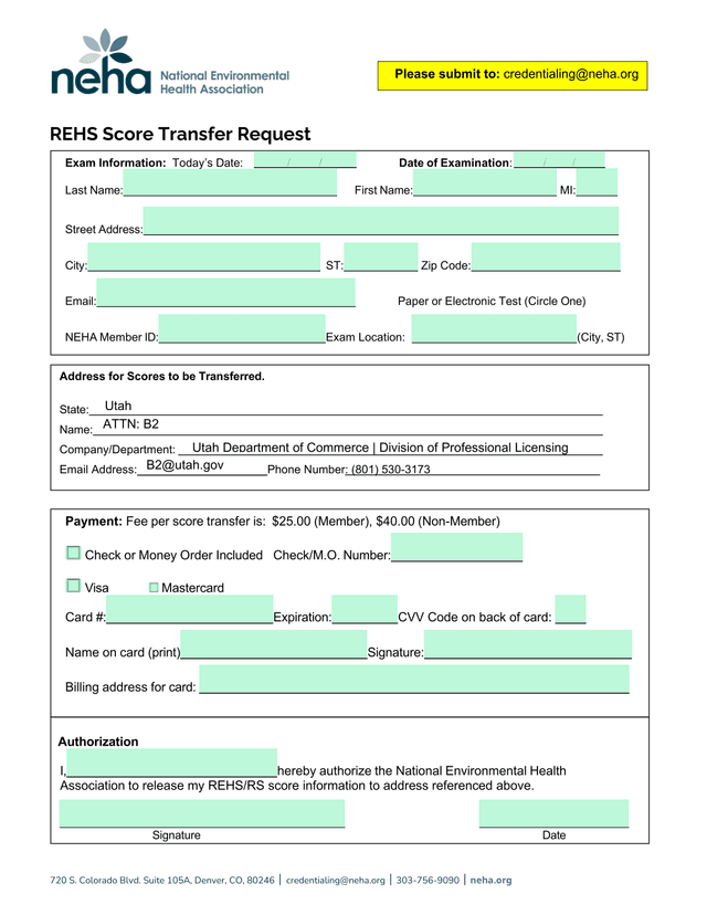 REHS Score Transfer Request screenshot