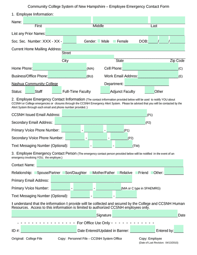 Community College System Of New Hampshire  Employee Emergency Contact Form screenshot