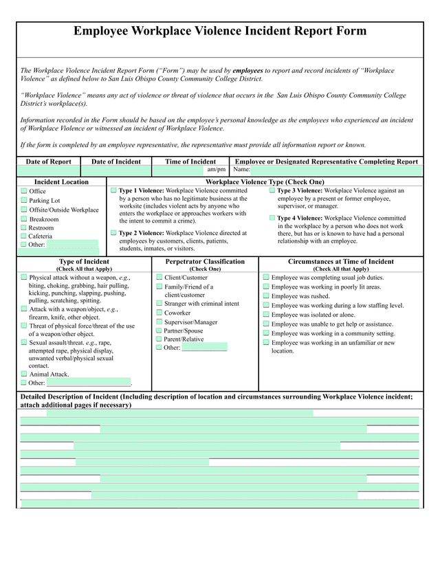 Employee Workplace Violence Incident Report Form screenshot