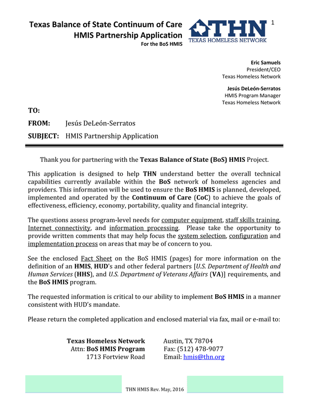 Texas Balance Of State Continuum Of Care HMIS Partnership Application screenshot