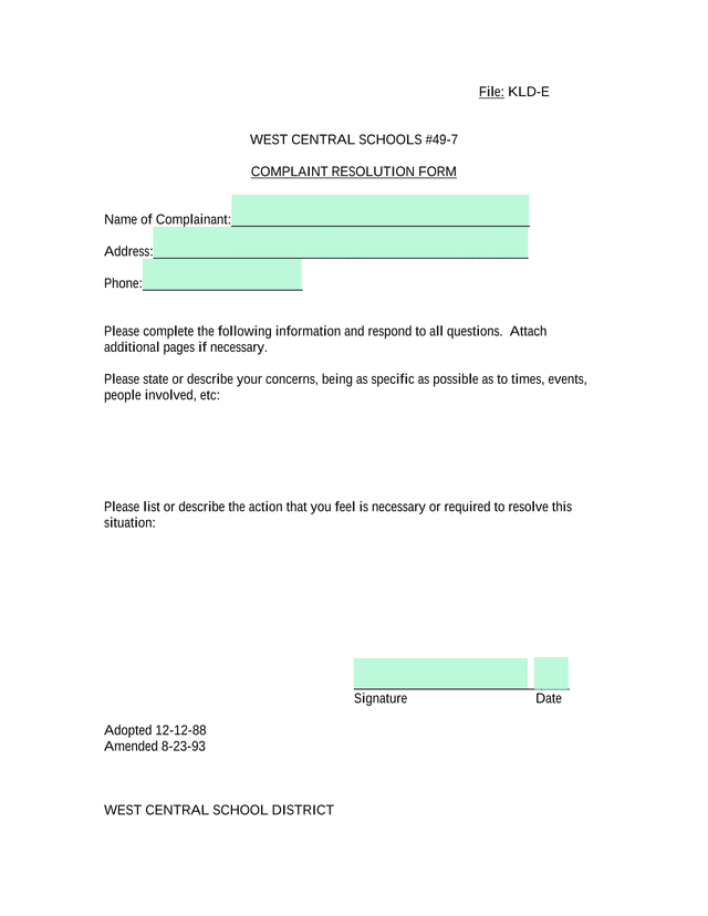 COMPLAINT RESOLUTION FORM screenshot