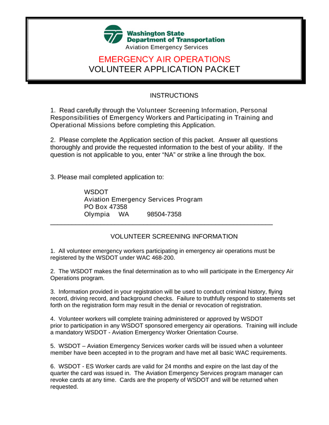 Aviation Emergency Services Volunteer Application Packet screenshot