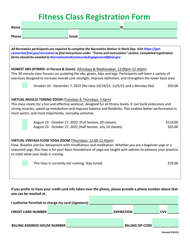Fitness Class Registration Form screenshot