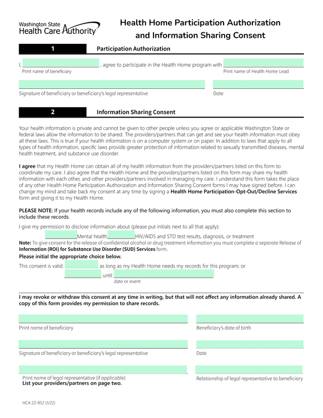 Health Home Participation Authorization And Information Sharing Consent screenshot