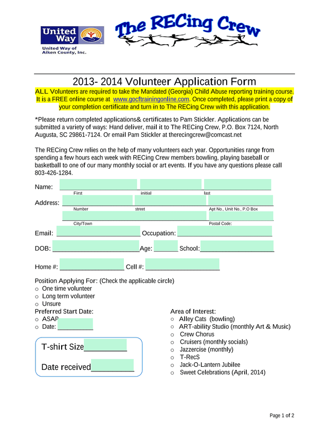 2013 2014 Volunteer Application Form screenshot