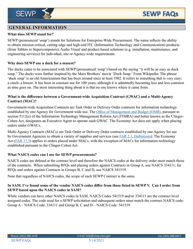 SEWP FAQs screenshot