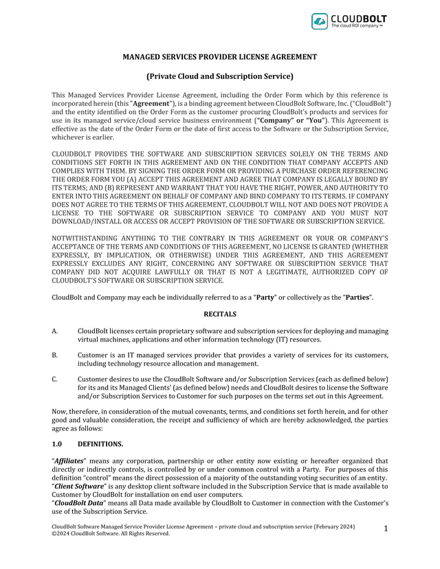 CloudBolt Software Managed Service Provider License Agreement screenshot