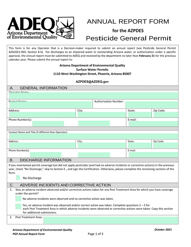 ANNUAL REPORT FORM For The AZPDES Pesticide General Permit screenshot