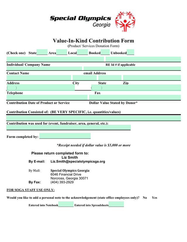 Value In Kind Contribution Form screenshot