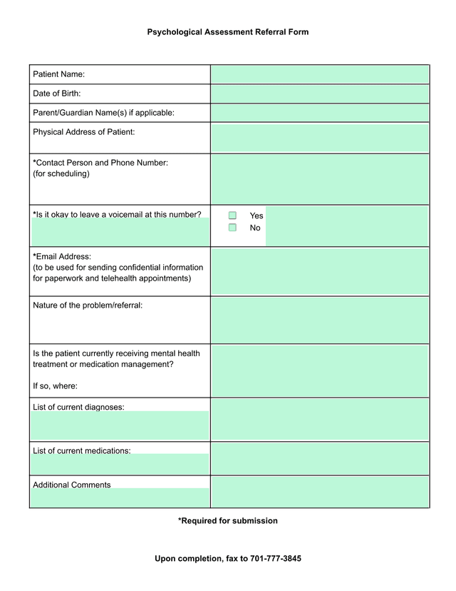 Psychological Assessment Referral Form screenshot