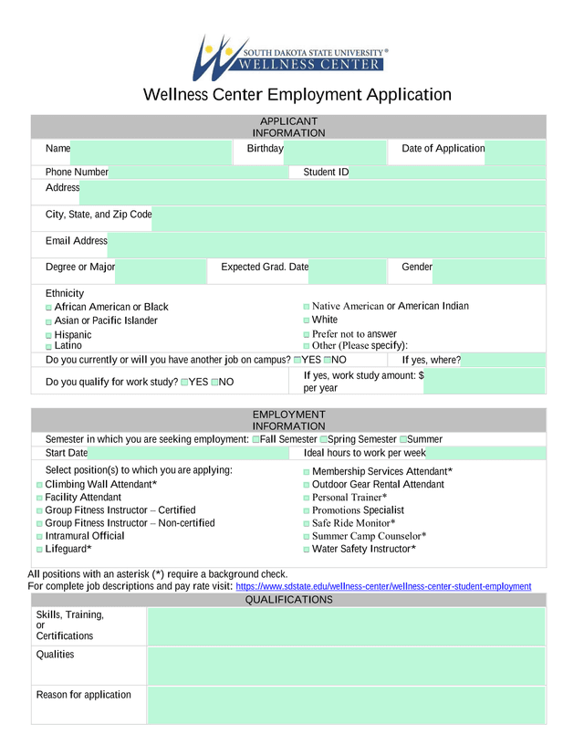 Wellness Center Employment Application screenshot
