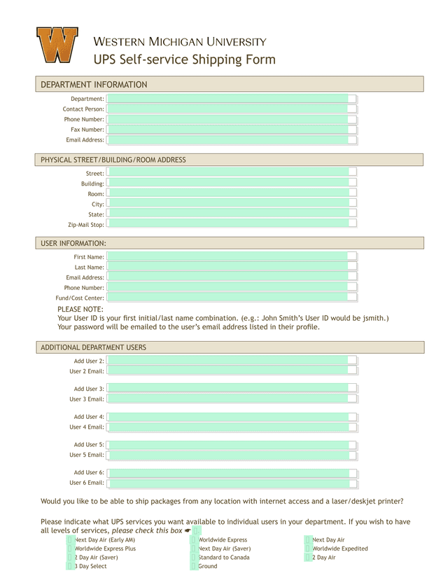 UPS Self Service Shipping Form screenshot