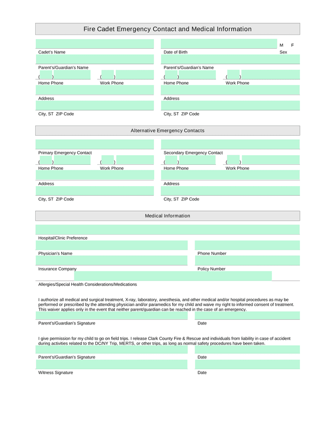Fire Cadet Emergency Contact And Medical Information screenshot