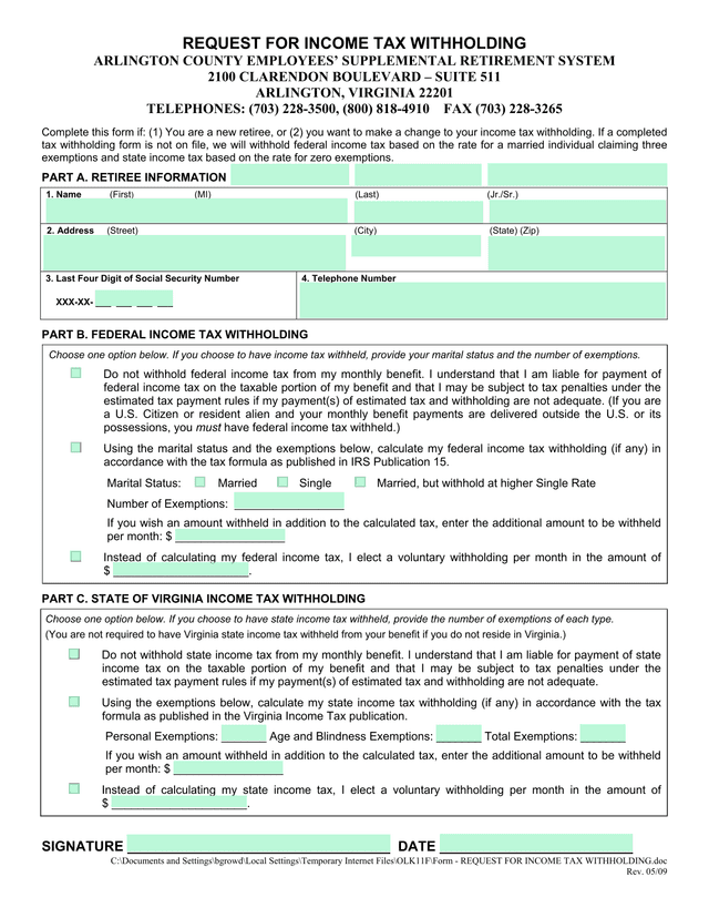 REQUEST FOR INCOME TAX WITHHOLDING screenshot