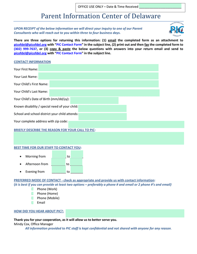 Parent Information Center Of Delaware Contact Form screenshot