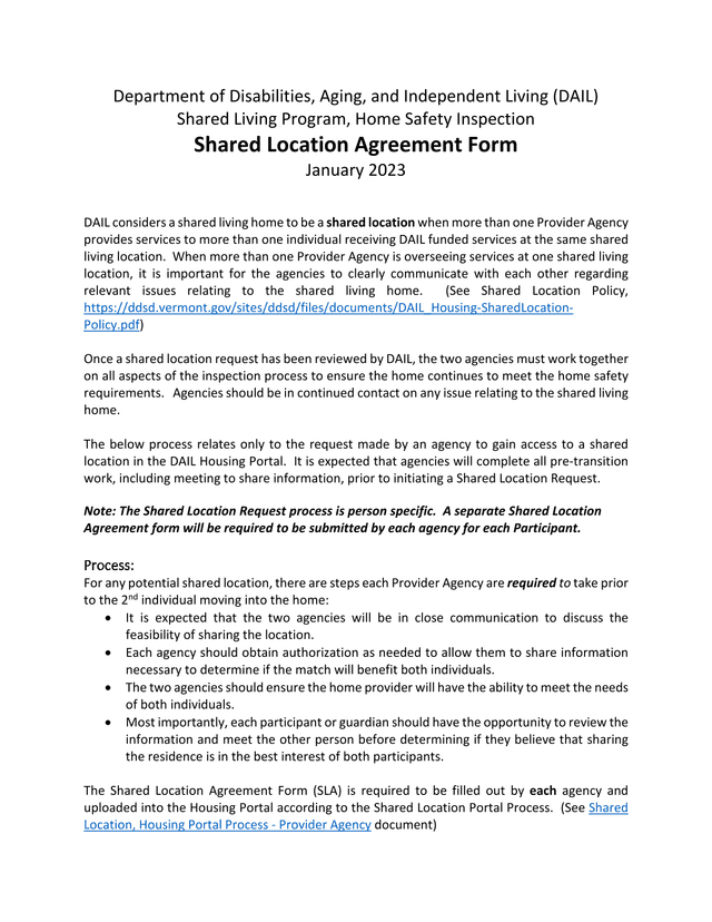 Shared Living Program, Home Safety Inspection Shared Location Agreement Form screenshot