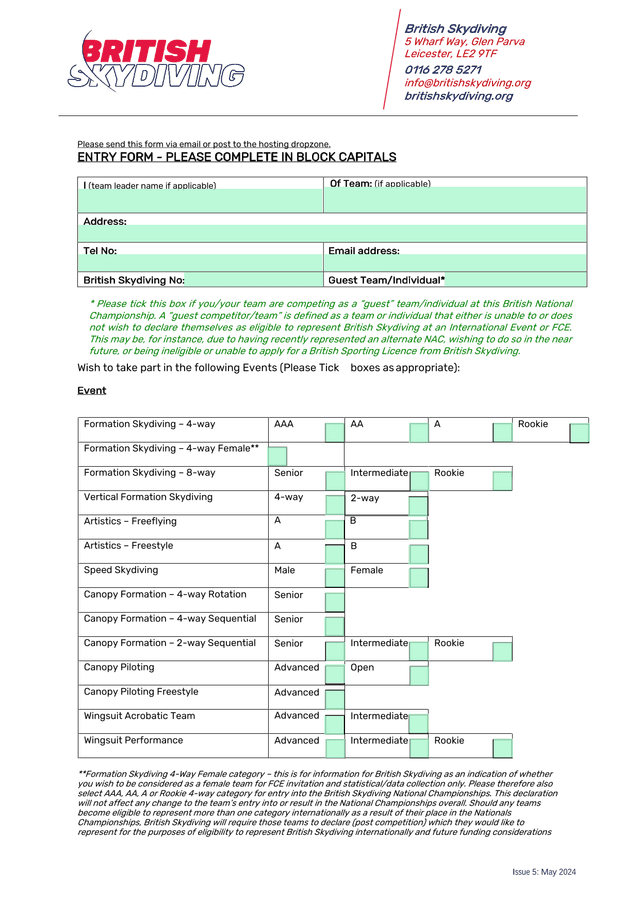 British Skydiving Entry Form screenshot