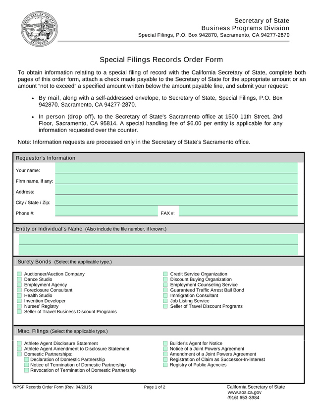 Special Filings Records Order Form screenshot