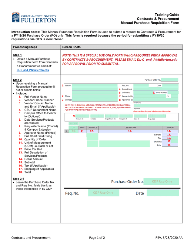 Manual Purchase Requisition Form screenshot