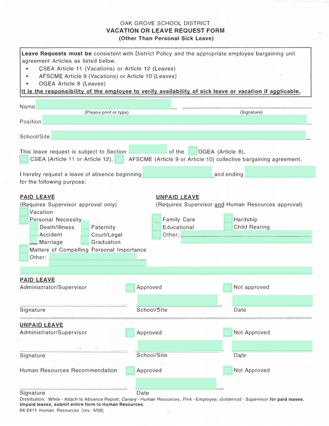 Vacation Or Leave Request Form screenshot