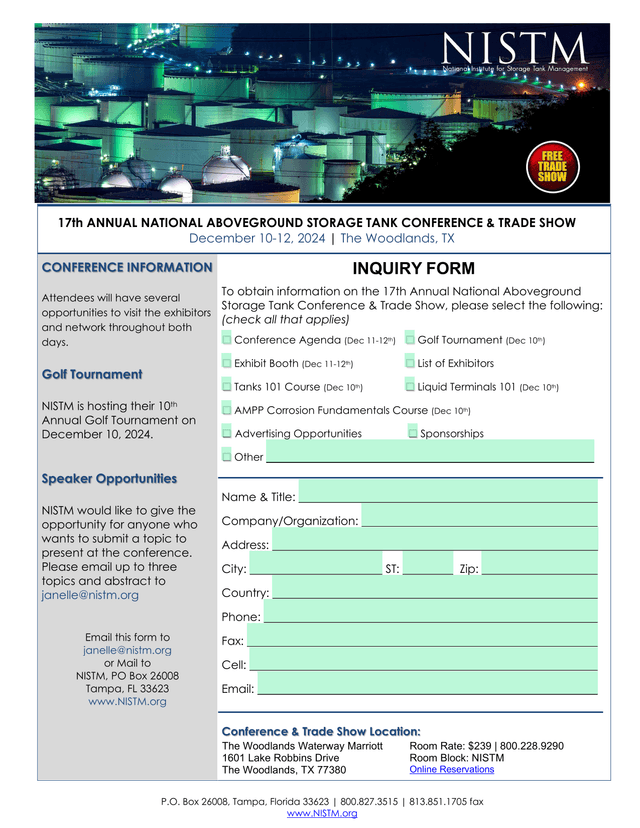 17th Annual National Aboveground Storage Tank Conference  Trade Show Inquiry Form screenshot