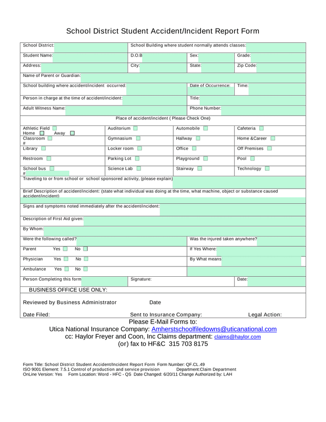 School District Student AccidentIncident Report Form screenshot