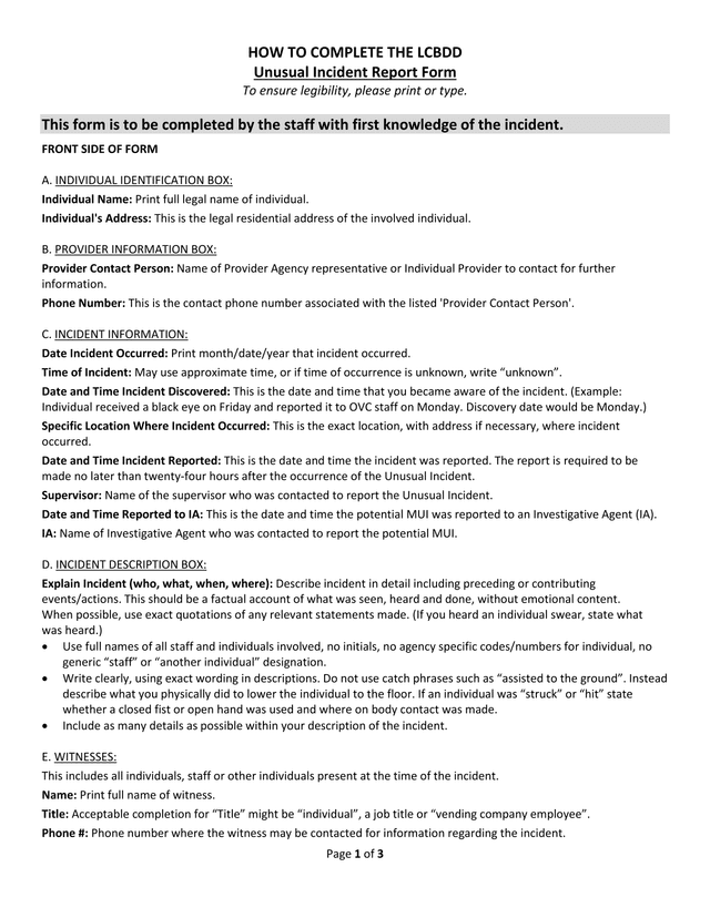 LCBDD Unusual Incident Report Form screenshot