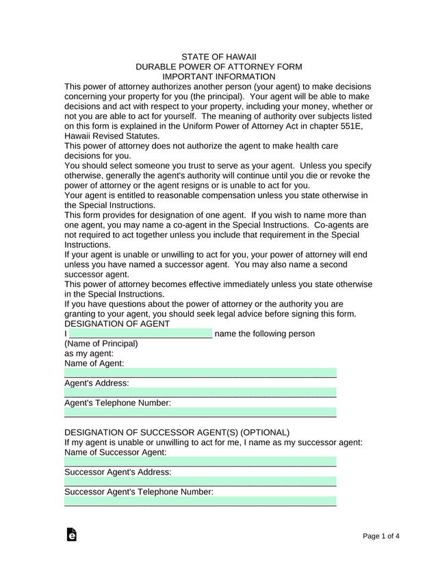 STATE OF HAWAII DURABLE POWER OF ATTORNEY FORM screenshot